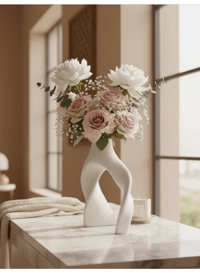 AKDC Luxury Statement Ceramic Decorative Vase – White Sculpted Artistic Design for Modern Interiors, 18 × 15 cm - Image 1